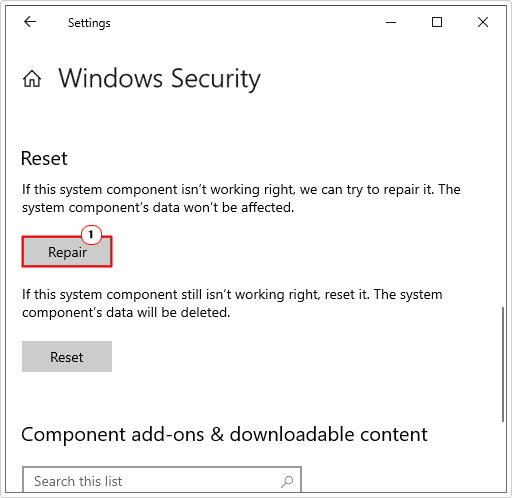click on repair in Windows Security advanced options screen