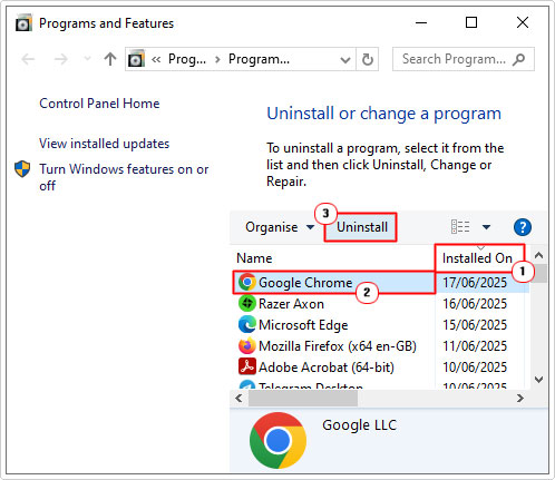 click on Installed On then select app and click on uninstall