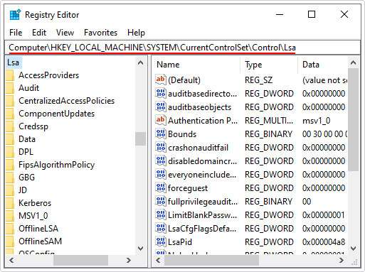 go to \CurrentControlSet\Control\Lsa registry path