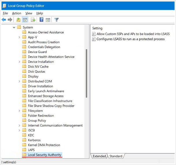 go to System > Local Security Authority path in local group policy editor