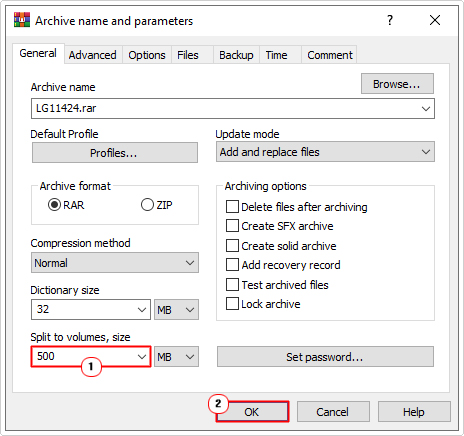 choose 500mb for Split to volumes, size in Archive name and parameters