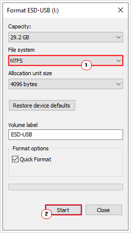 select NTFS for file system then start