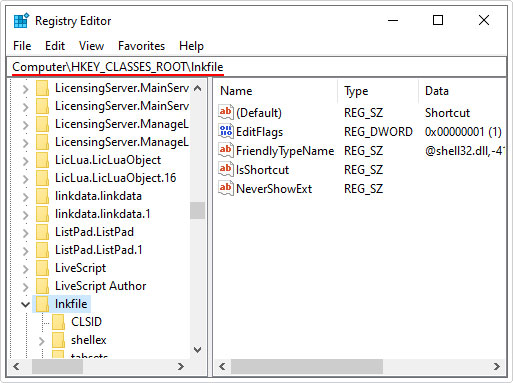 go to registry path Computer\HKEY_CLASSES_ROOT\lnkfile