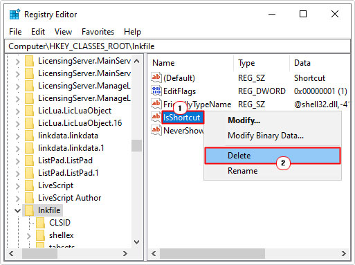 delete IsShortcut string value