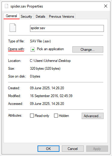 check what file opens with in general tab