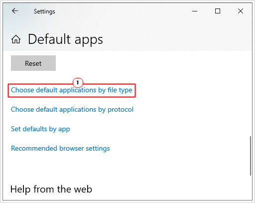 click on Choose default applications by file type in default apps
