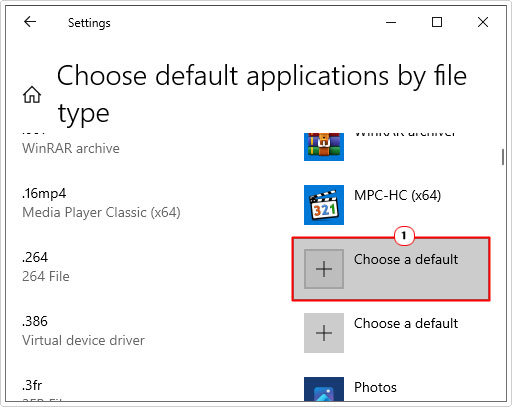 click on choose a default in Choose default applications by file type