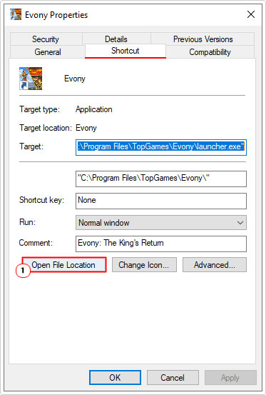 click on open file location in shortcut tab
