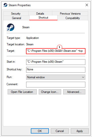 add –tcp to target line in shortcut properties
