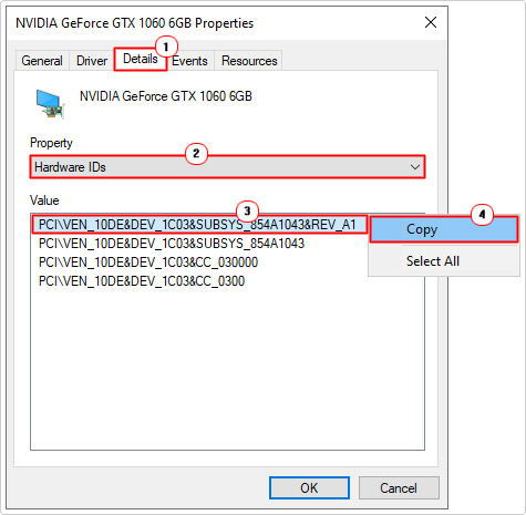 copy Hardware IDs for graphics card properties