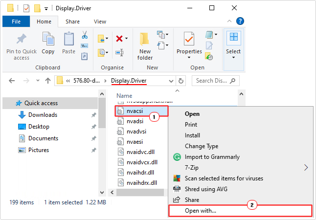 right-click on nvacsi.inf and select open with in Display.Driver folder