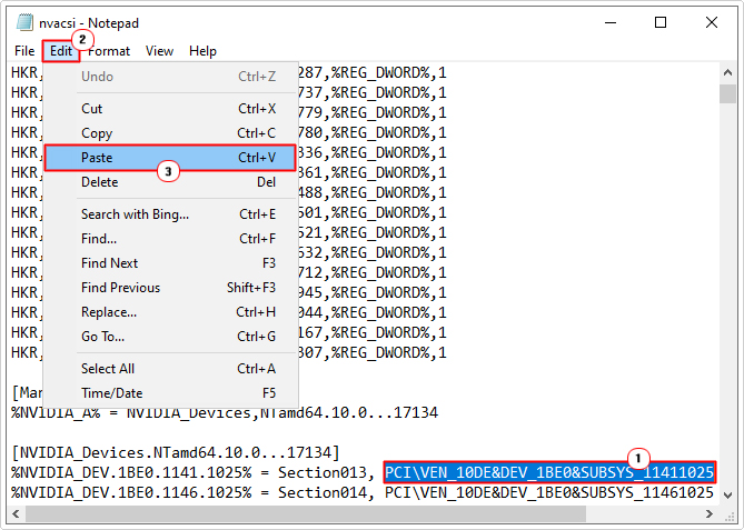 paste hardware id info over PCI\VEN_10DE&DEV in NVIDIA_Devices.NTamd64 section