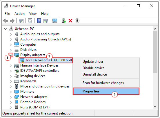 select Graphics Card properties in device manager 