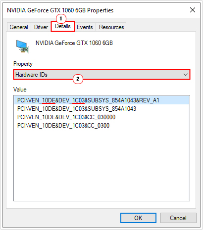 select Hardware IDs from details and note down the ven and dev code