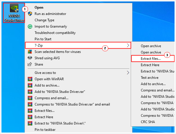 click on 7-Zip -> Extract files for NVidia studio driver