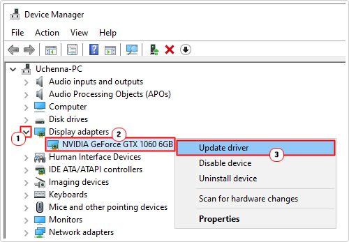 click on Update driver for graphics card in device manager