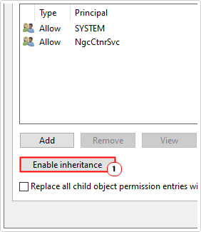 click on enable inheritance in Advanced Security Settings for Ngc