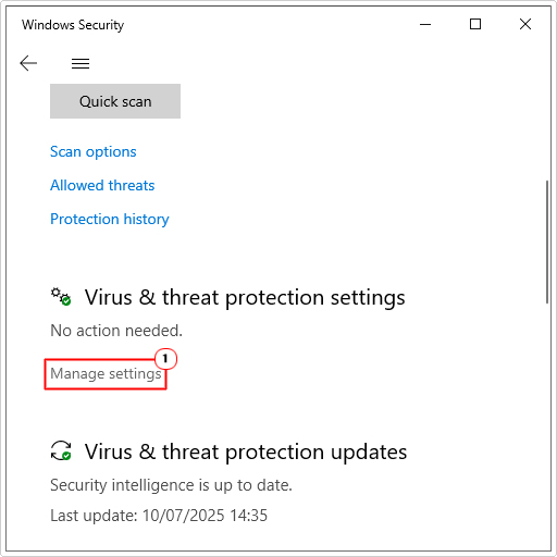 click on manage settings under Virus & threat protection settings