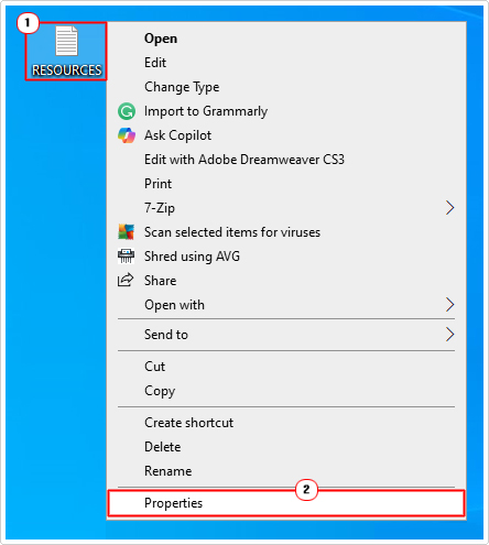 select properties for problematic file