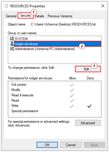 click on username under Group or user names and select edit