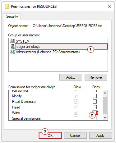 untick the deny box in the Permissions for Username for Permissions for <filename>