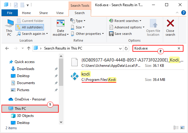 search for .exe using Search This PC box in file explorer