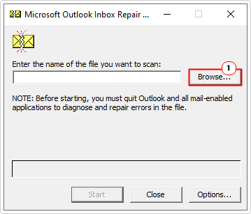 click on browse in Microsoft Outlook Inbox Repair