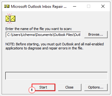 click on start in Microsoft Outlook Inbox Repair
