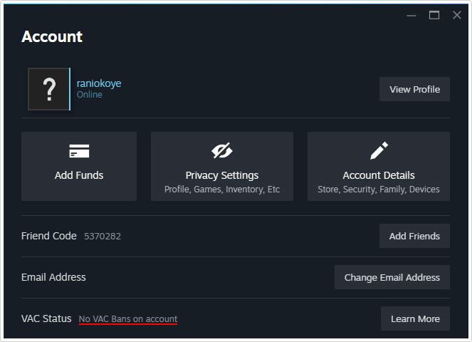 check VAC Status in account