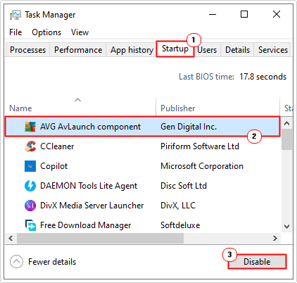 disable security tool in Startup of Task manager