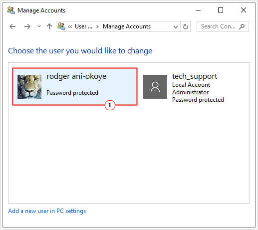 click on user account in choose the user you would like to change