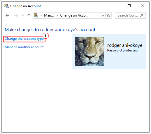 click on Change the account type for the user account