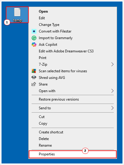 select properties for file/folder