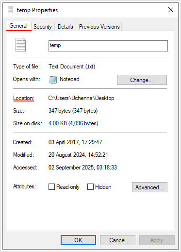 look on location in general tab of file/folder properties