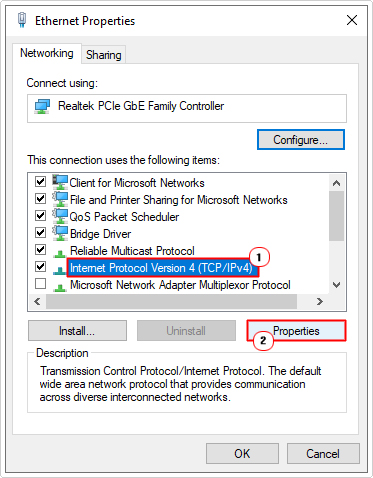 select Internet Protocol Version 4 (TCP/IPv4) in connection properties and click on properties