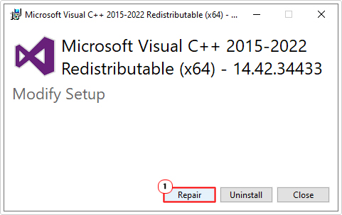 when redistributable menu loads up click on repair