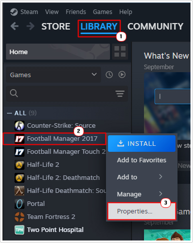 select properties for game in steam