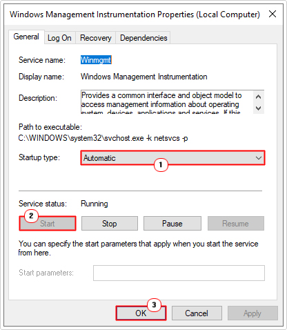 start Windows Management Instrumentation and set to automatic in properties