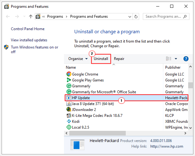 remove HP app in add or remove programs