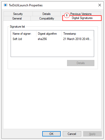 click on digital signature in TwDsUiLaunch.exe Properties