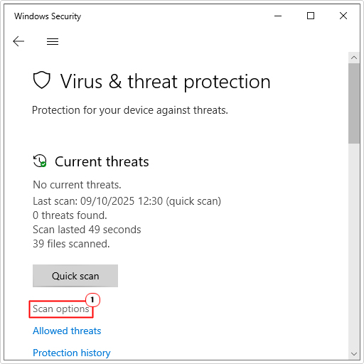 select scan options from virus & threat protection
