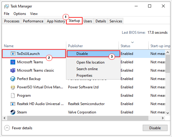 disable TwDsUiLaunch.exe in startup tab