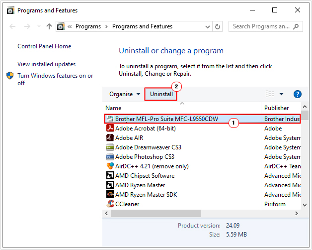 uninstall Brother Utilities in add or remove programs