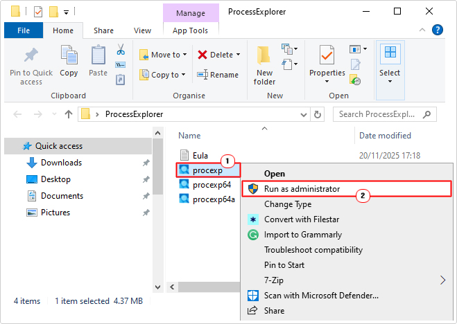 choose run as administrator for procexp