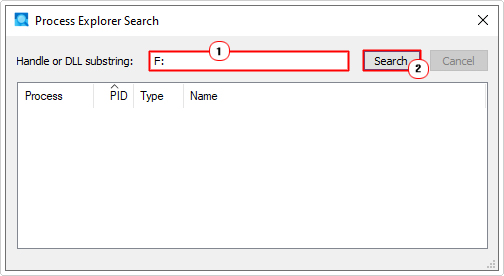 type external driver letter into Handle or DLL substring and click on search