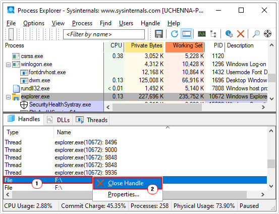 click on Close Handle for file in process explorer