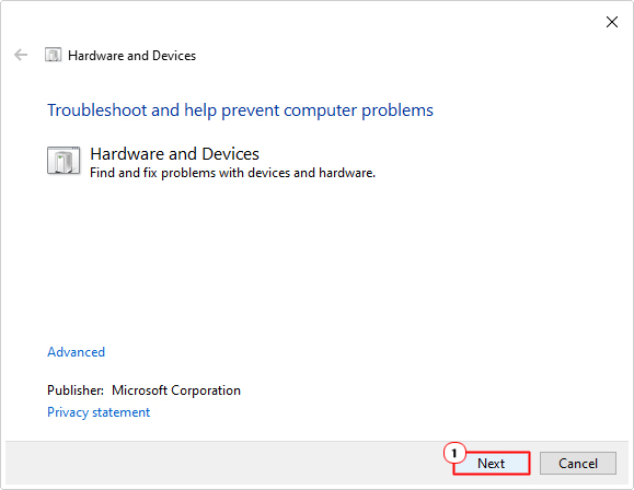 click on next in Hardware and Devices