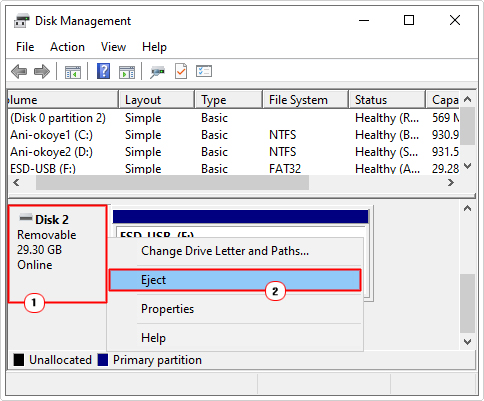 select eject for external disk in disk management