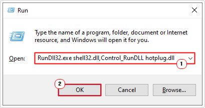 open safely remove hardware applet using run command