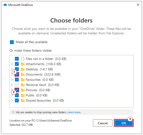 select documents and photos in choose folders